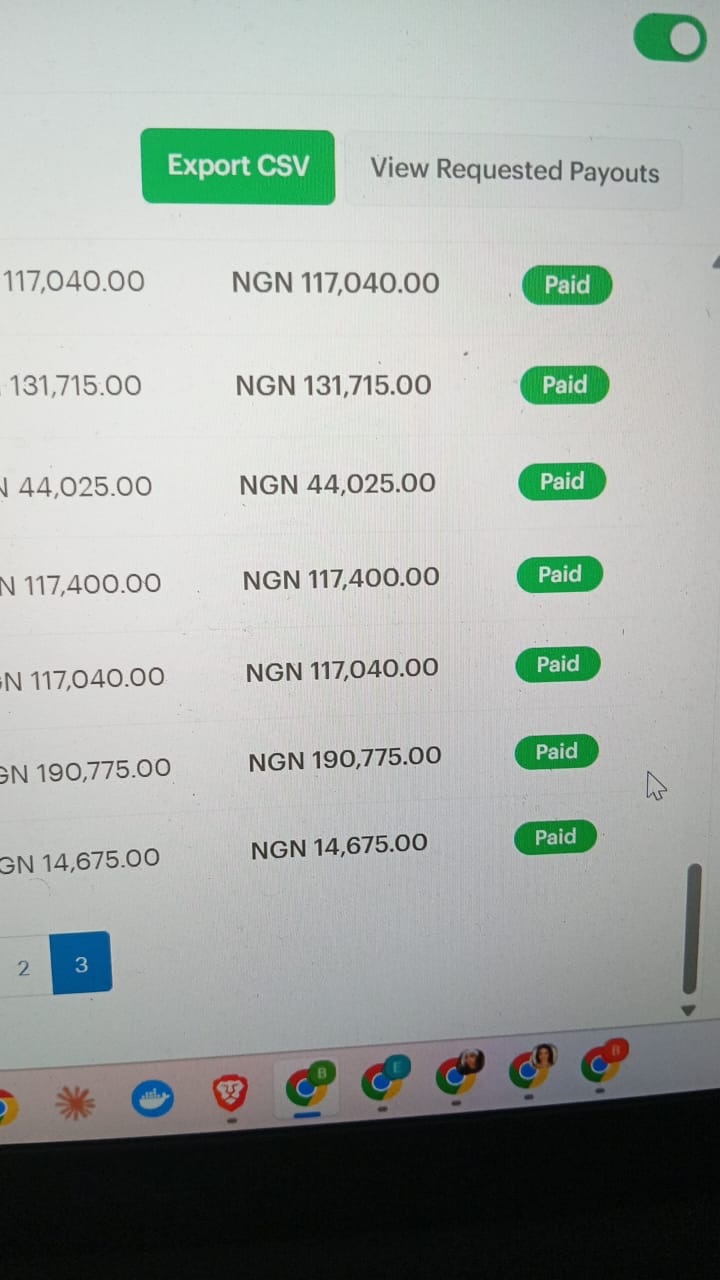 Paystack payout amounts, all marked Paid