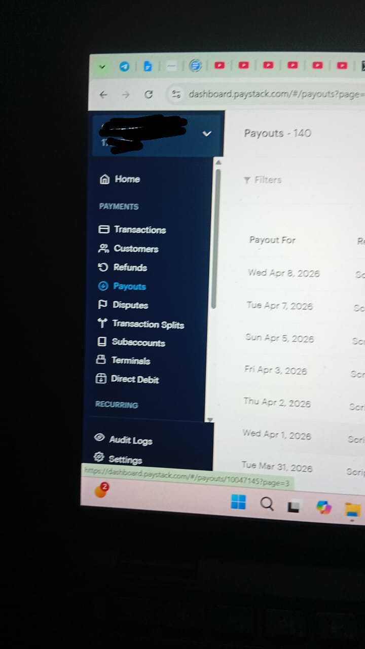 Paystack payouts dashboard showing 140 payouts