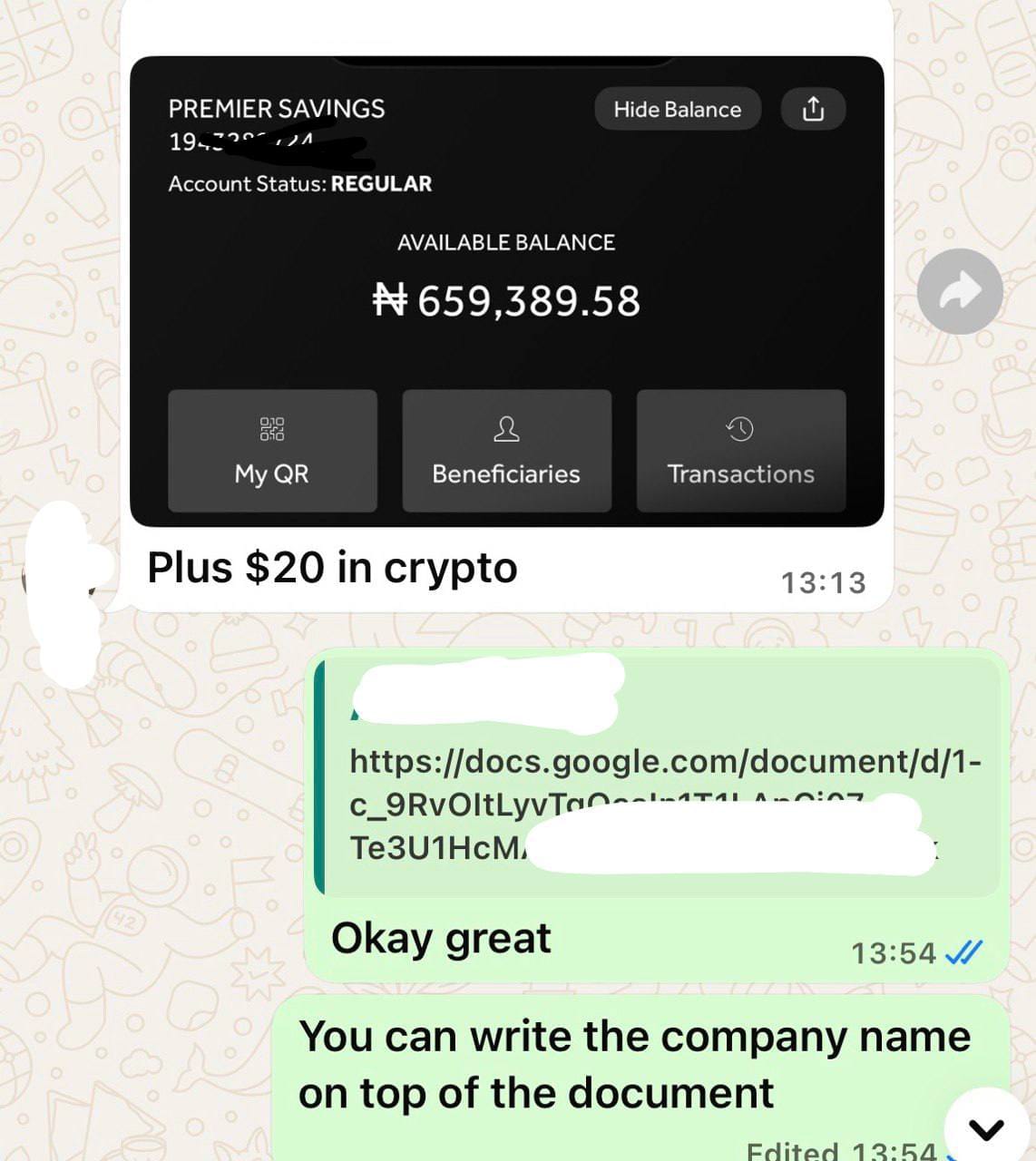 A student's bank balance and crypto wallet screenshot